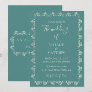 Convite Casamento com Ornamento de Damasco Simples Elegant