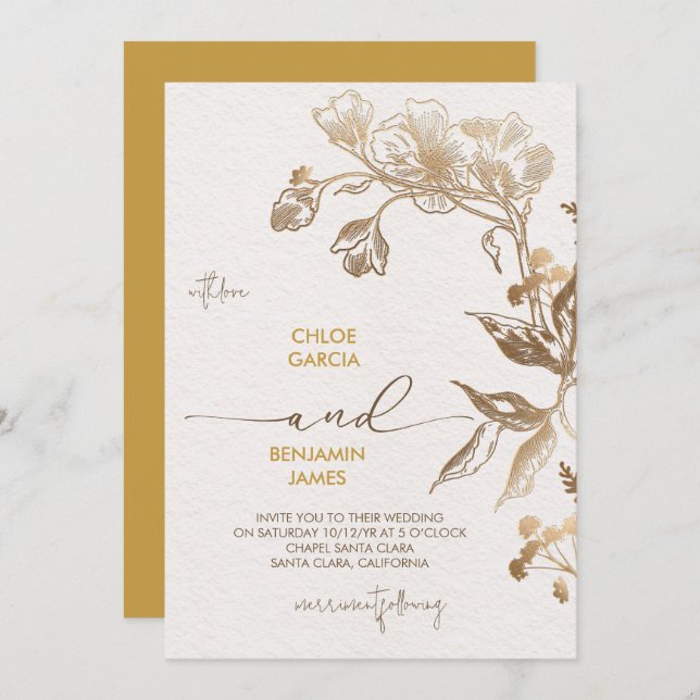Convite Casamento com Orquídea de Ouro Elegante (Frente/Verso)