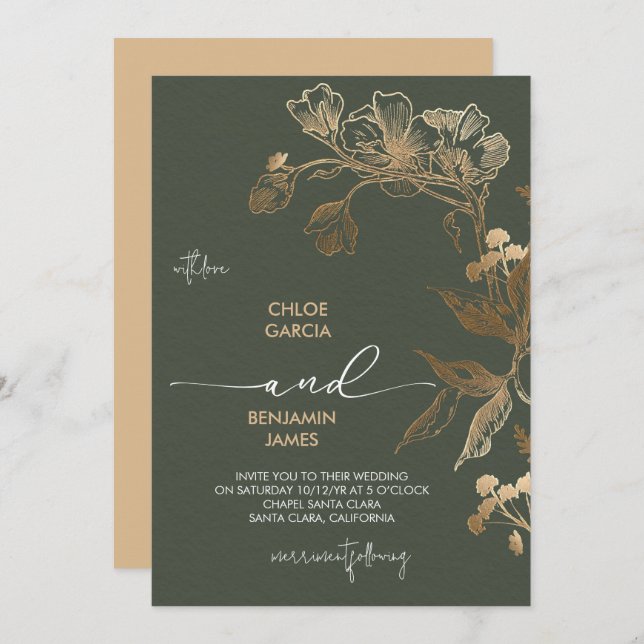 Convite Casamento com Orquídea de Ouro Elegante (Frente/Verso)