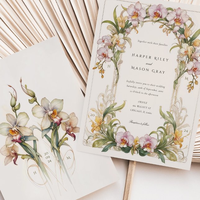 Convite Casamento com Orquídea Elegante Nouveau (Criador carregado)