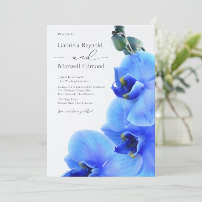 Convite Casamento com Orquídeas Azuis de Amor Floral Elega (Em pé/Frente)