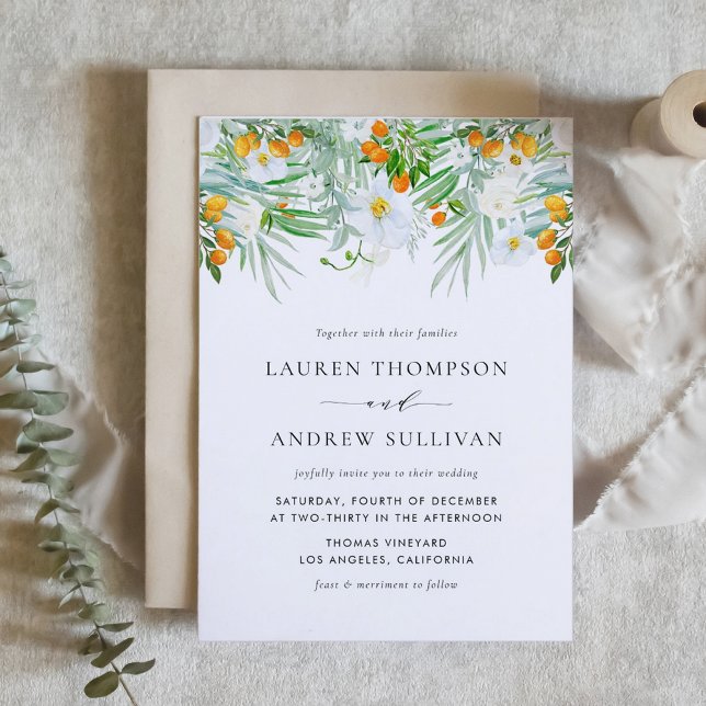 Convite Casamento com Orquídeas Brancas e Kumquats (Watercolor White Orchids and Kumquats Wedding Invitation)