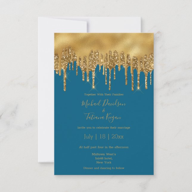 Convite casamento com ouro azul de luxo moderno (Frente)