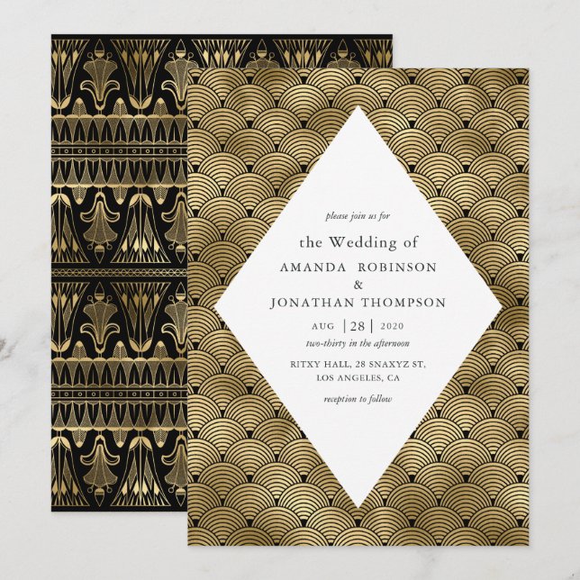 Convite Casamento com padrão Art Déco em preto e dourado (Frente/Verso)