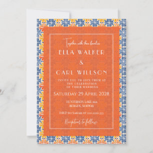 Convite Casamento com Padrão de Azulejos Florais Laranja d