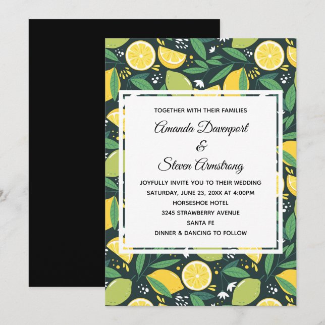 Convite Casamento com padrão de frutas limão amarelo e lim (Frente/Verso)