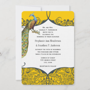 Convite Casamento com Padrão de Pássaros Amorosos em Azul