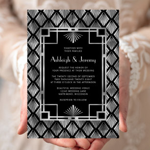 Convite Casamento com Padrão Deco Vintage Preto Prata Eleg