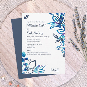 Convite Casamento com padrão floral azul e azul-cinzento