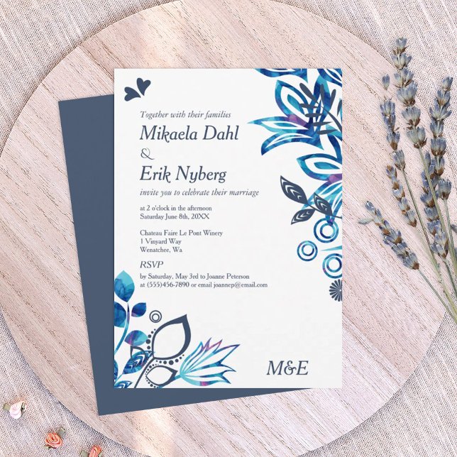 Convite Casamento com padrão floral azul e azul-cinzento (navy blue, light blue, and turquoise wedding invitations, winter blue wedding theme)