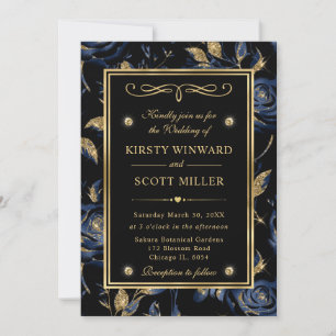 Convite Casamento com padrão floral de rosa azul marinho e