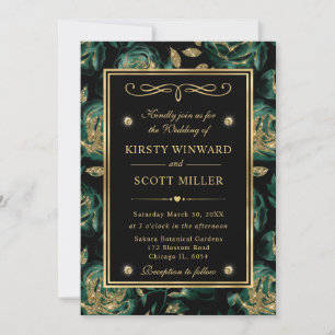 Convite Casamento com padrão floral de rosa verde e dourad