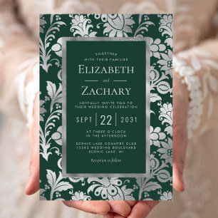 Convite Casamento com padrão floral prateado em verde esme