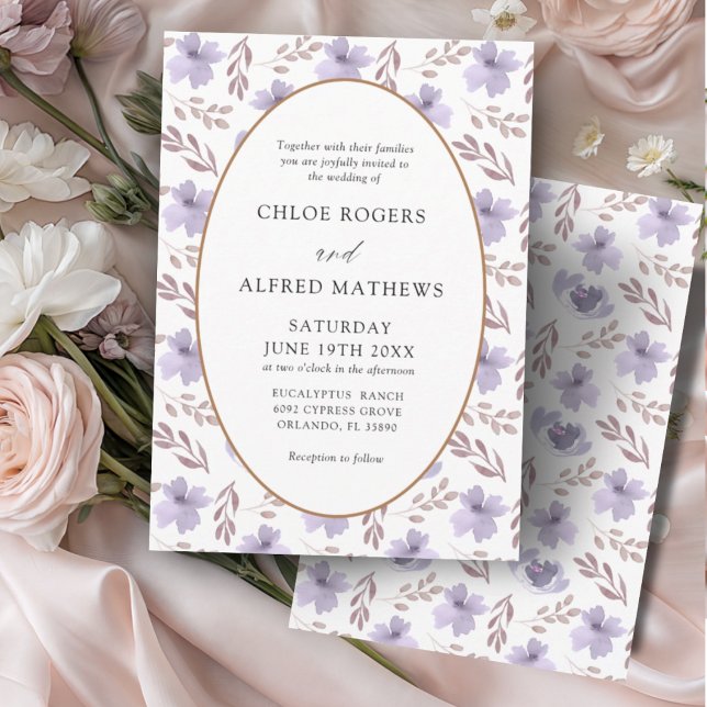 Convite Casamento com padrão floral roxo e dourado Boho (Criador carregado)