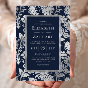 Convite Casamento com padrão floral vintage em azul naval