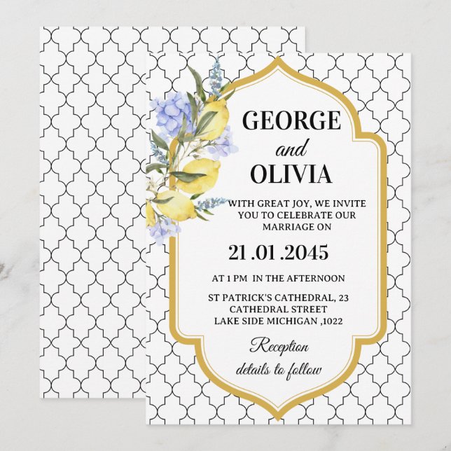 Convite Casamento com Padrão Marroquino e Limão Mediterrân (Frente/Verso)