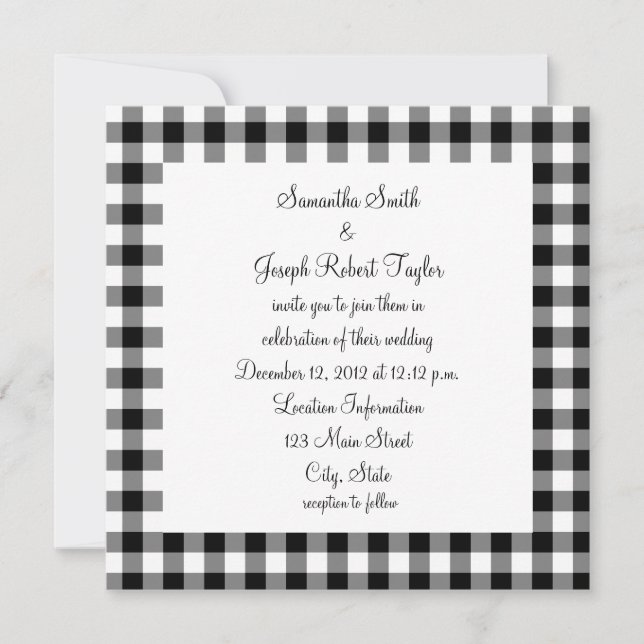 Convite Casamento com Padrão Xadrez Preto e Branco (Frente)