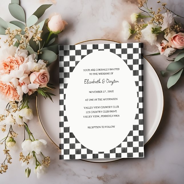 Convite Casamento com Padrão Xadrez Preto e Branco Pintado (Criador carregado)