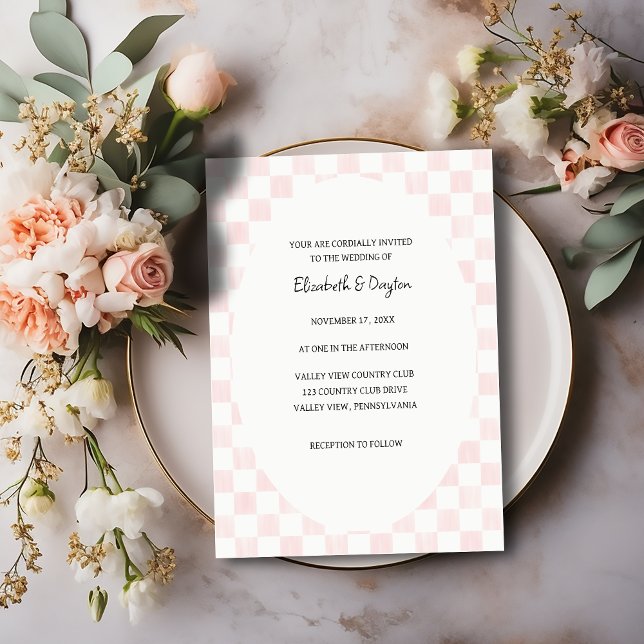 Convite Casamento com Padrão Xadrez Rosa Pintado (Criador carregado)