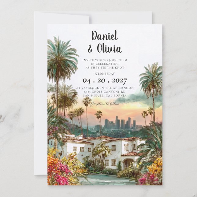 Convite Casamento com Paisagem da Cidade de Los Angeles em (Frente)