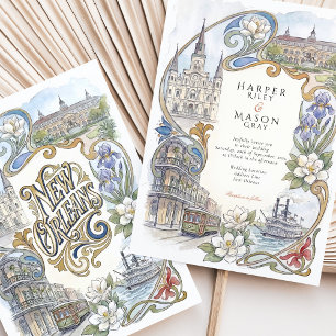 Convite Casamento com Paisagens em Aquarela de New Orleans