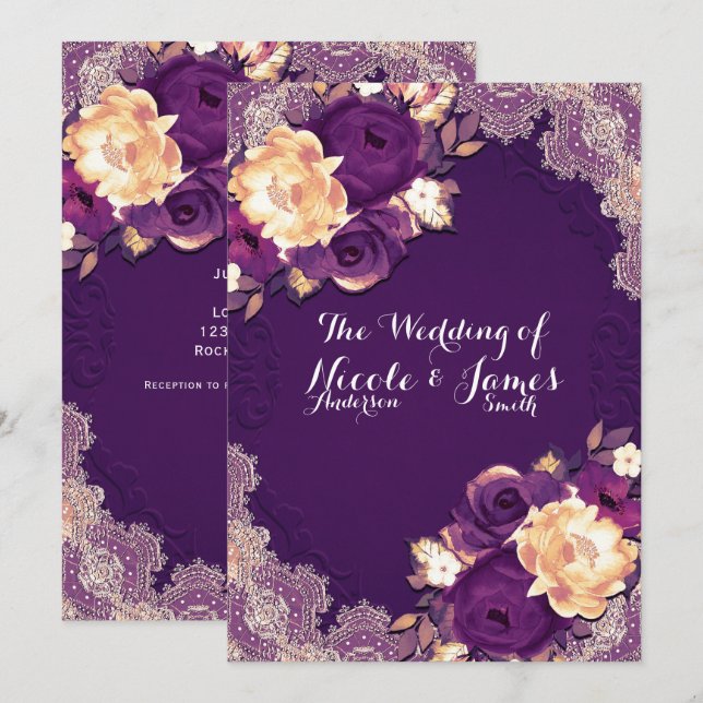 Convite Casamento com Palácio Floral de Roxo Plum Elegante (Frente/Verso)