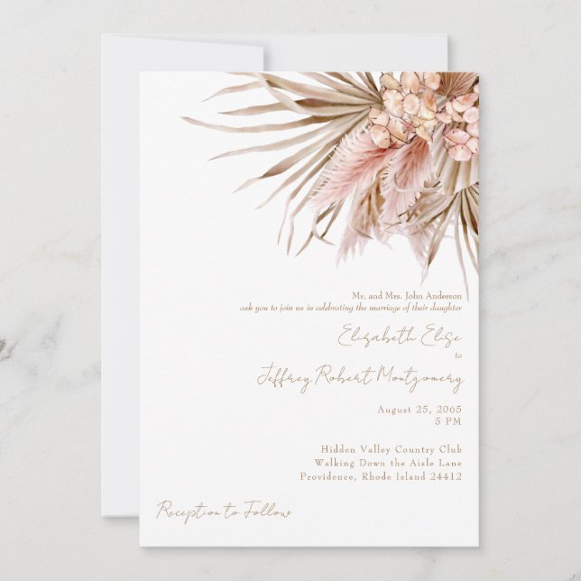 Convite Casamento com Pampas Desbotados em Aquarela Rosa (Frente)