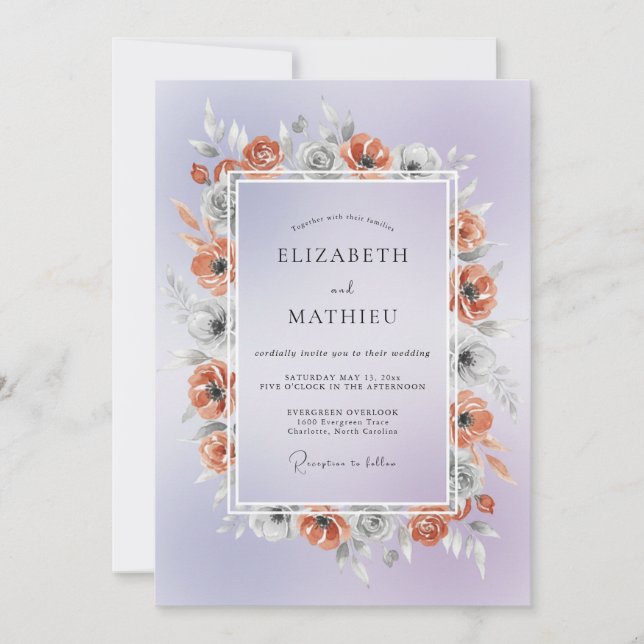 Convite Casamento com Papoula de Cobre e Periwinkle (Frente)