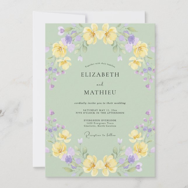 Convite Casamento com Papoula Lavanda Amarela Suave (Frente)