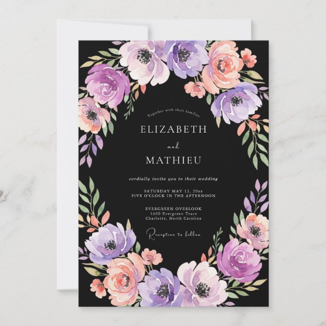 Convite Casamento com Papoula Lavanda Preta (Frente)