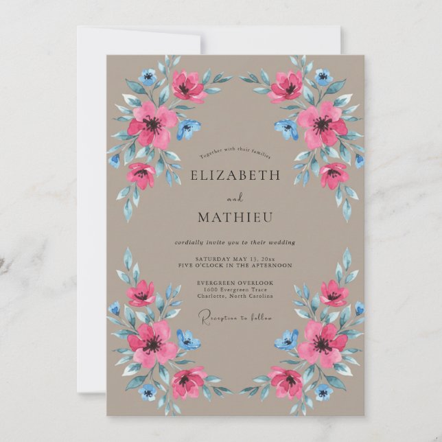 Convite Casamento com Papoula Magenta Taupe (Frente)
