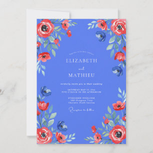 Convite Casamento com Papoula Vermelha e Azul-Pervinca