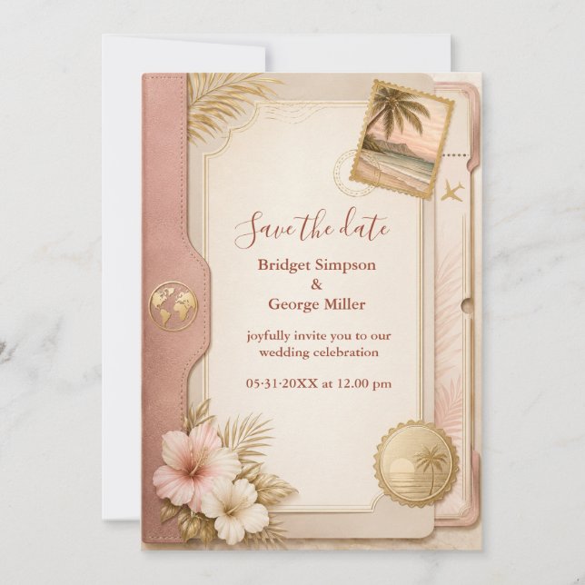 Convite Casamento com Passaporte Tropical em Beijo Dourado (Frente)
