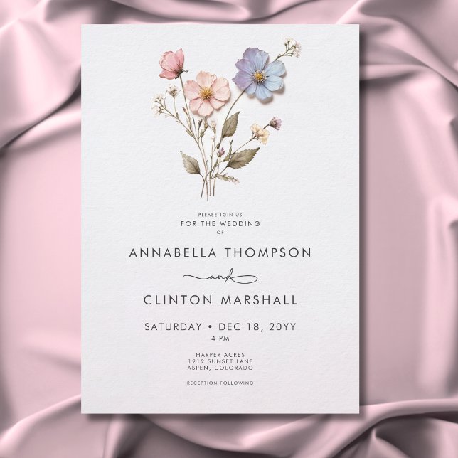 Convite Casamento com Pastel Selvagens Moderno Pressionado (Modern Pressed Pastel Wildflowers Wedding Invitation)