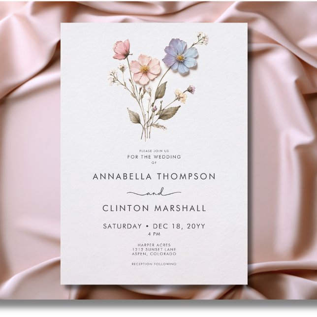 Convite Casamento com Pastel Selvagens Moderno Pressionado (Modern Pressed Pastel Wildflowers Wedding Invitation)