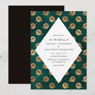 Convite Casamento com Pavão em Teal e Dourado Vintage Grun