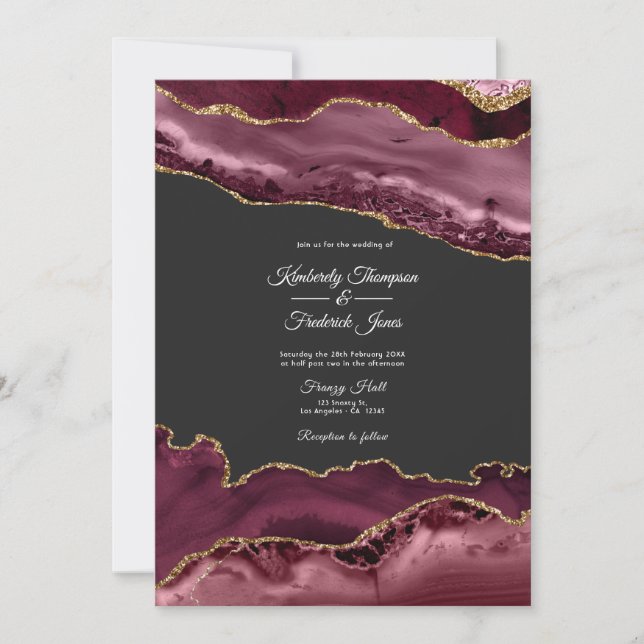 Convite Casamento com Pedra Ágata Burgundy e Dourado (Frente)