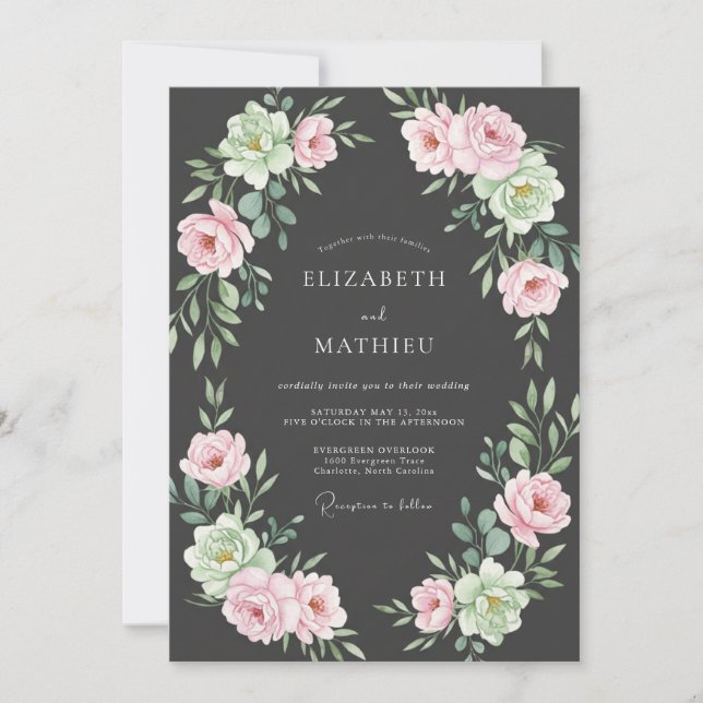 Convite Casamento com Peônia Blush Carvão (Frente)
