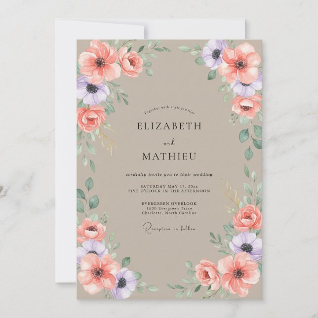 Convite Casamento com Peônia Coral Taupe (Frente)