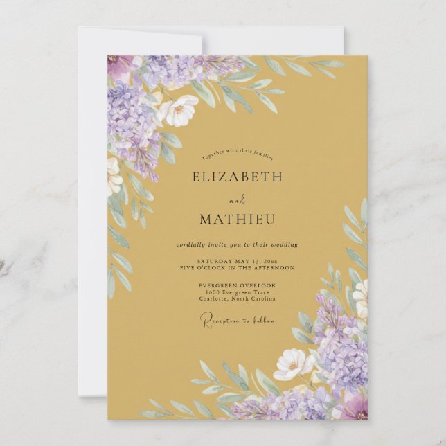 Convite Casamento com Peônia Lilás Ocre (Frente)