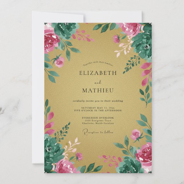 Convite Casamento com Peônia Magenta Ocre (Frente)
