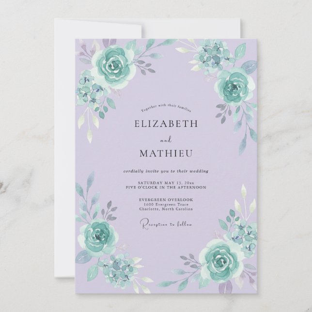 Convite Casamento com Peônia Periwinkle em Tom de Hortelã  (Frente)