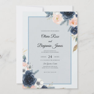 Convite Casamento com Peônia Pêssego Suave Índigo