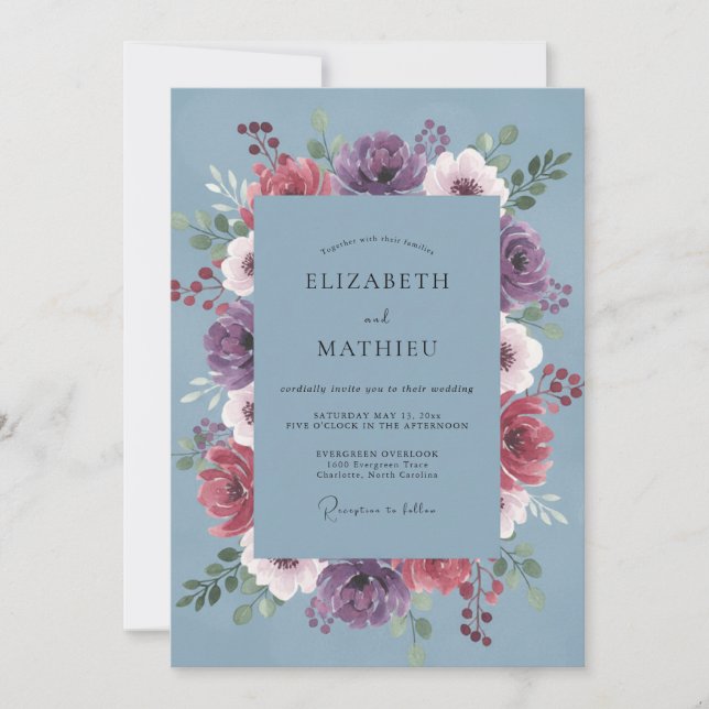 Convite Casamento com Peônia Plum Slate Delicada (Frente)