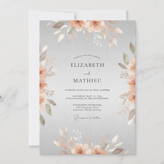 Convite Casamento com Peônia Prata Cobre (Frente)