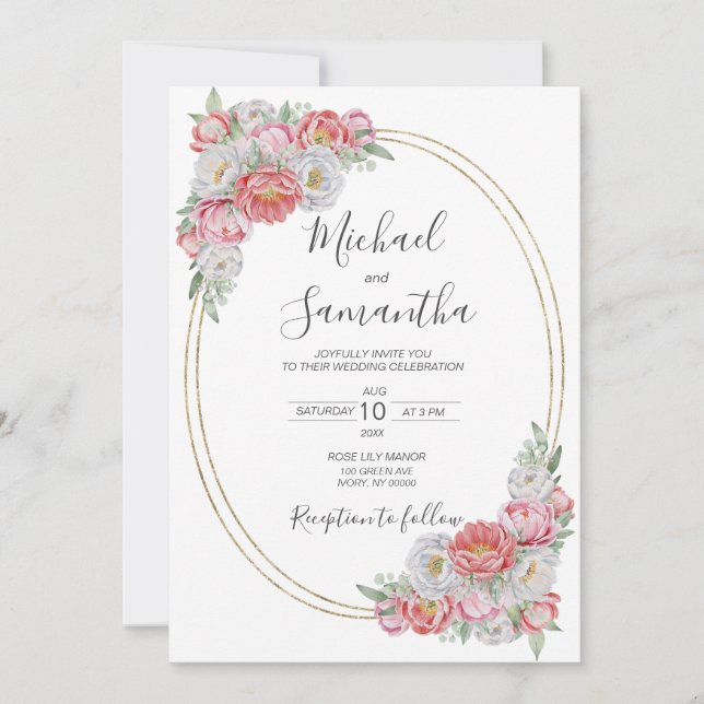 Convite Casamento com Peônia Rosa e Branca (Frente)