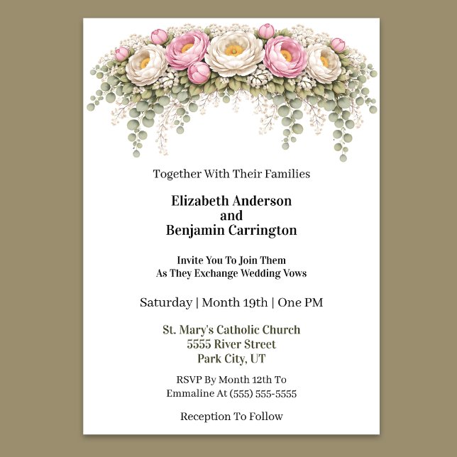 Convite Casamento com Peônia Rosa e Branca (Elegant pink and ivory peony floral wedding invitation)