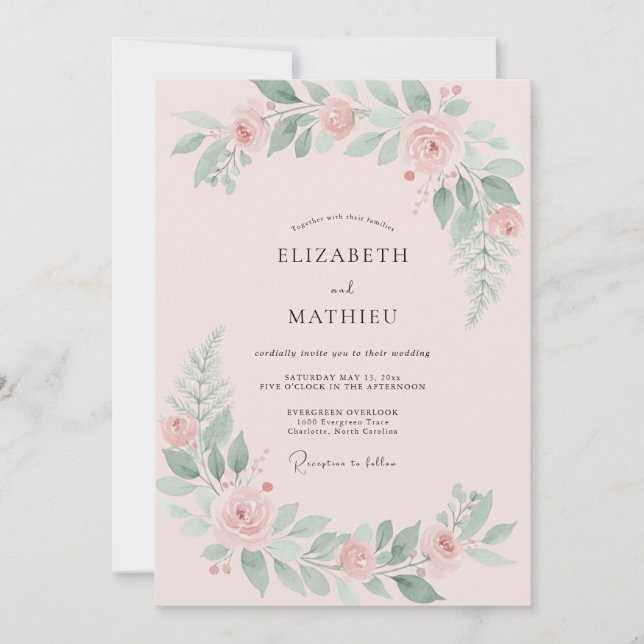 Convite Casamento com Peônia Rosa Menta (Frente)