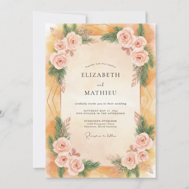 Convite Casamento com Peônia Rosa Ocre (Frente)
