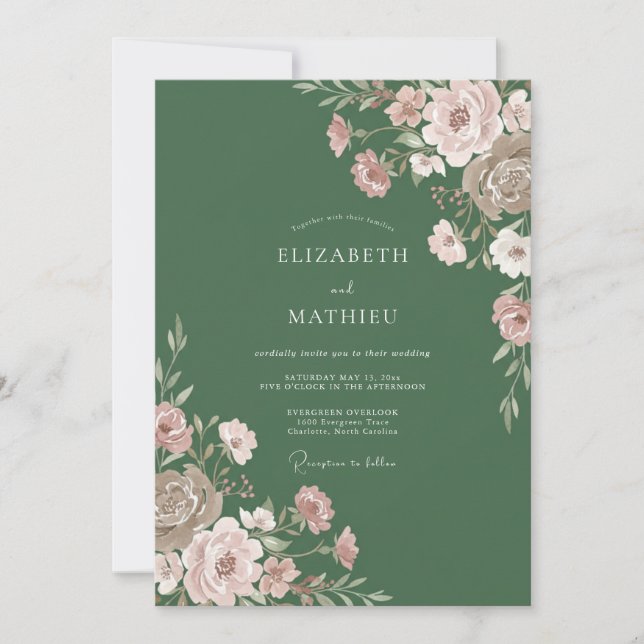Convite Casamento com Peônia Rosa Sage (Frente)